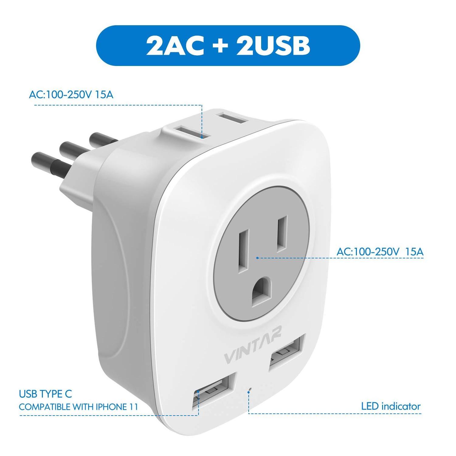 VINTAR 3 Prong Grounded Plug 4 in 1 Outlet Adaptor Dual USB Italy Travel Power Adapter