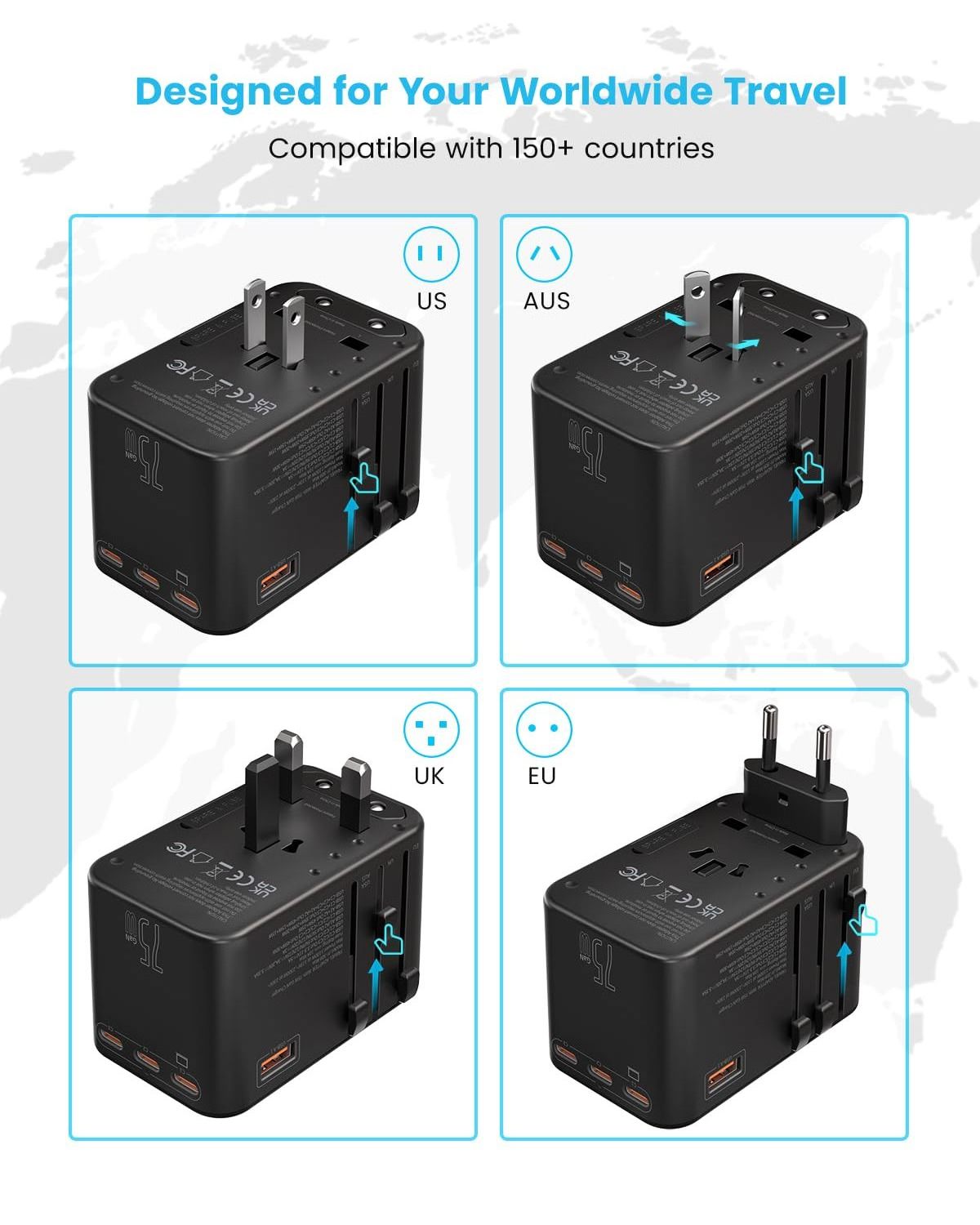 VINTAR 75W GaN International Plug Adapter with 3 USB-C PD & 2 USB-A QC, All-in-one Travel Essentials