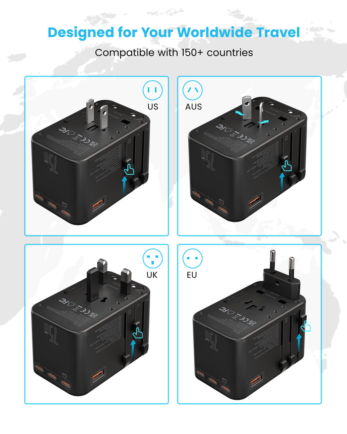 Universal Travel Adapter, VINTAR 75W GaN International Plug Adapter with 3 USB-C PD & 2 USB-A QC, All-in-one Travel Essentials