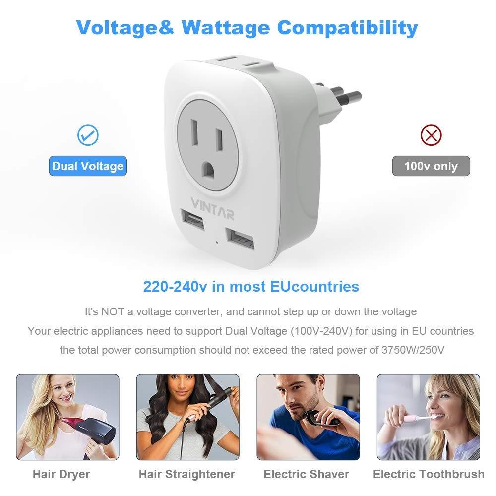 VINTAR 3 Prong Grounded Plug 4 in 1 Outlet Adaptor Dual USB Italy Travel Power Adapter