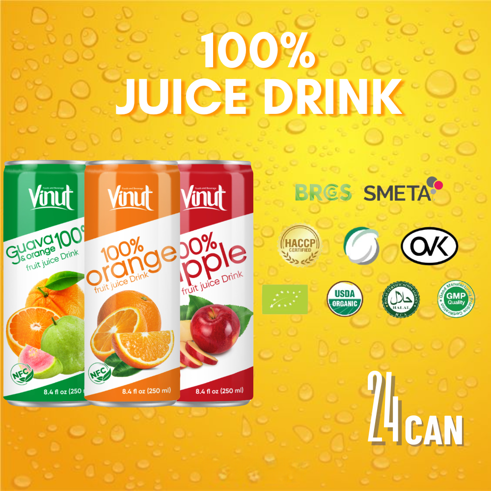 250ml Fruit Juice Drink Can 100% Water Bottle No Sugar Low Fat Free Sample Manufacture Beverage From Vietnam Private Label OEM