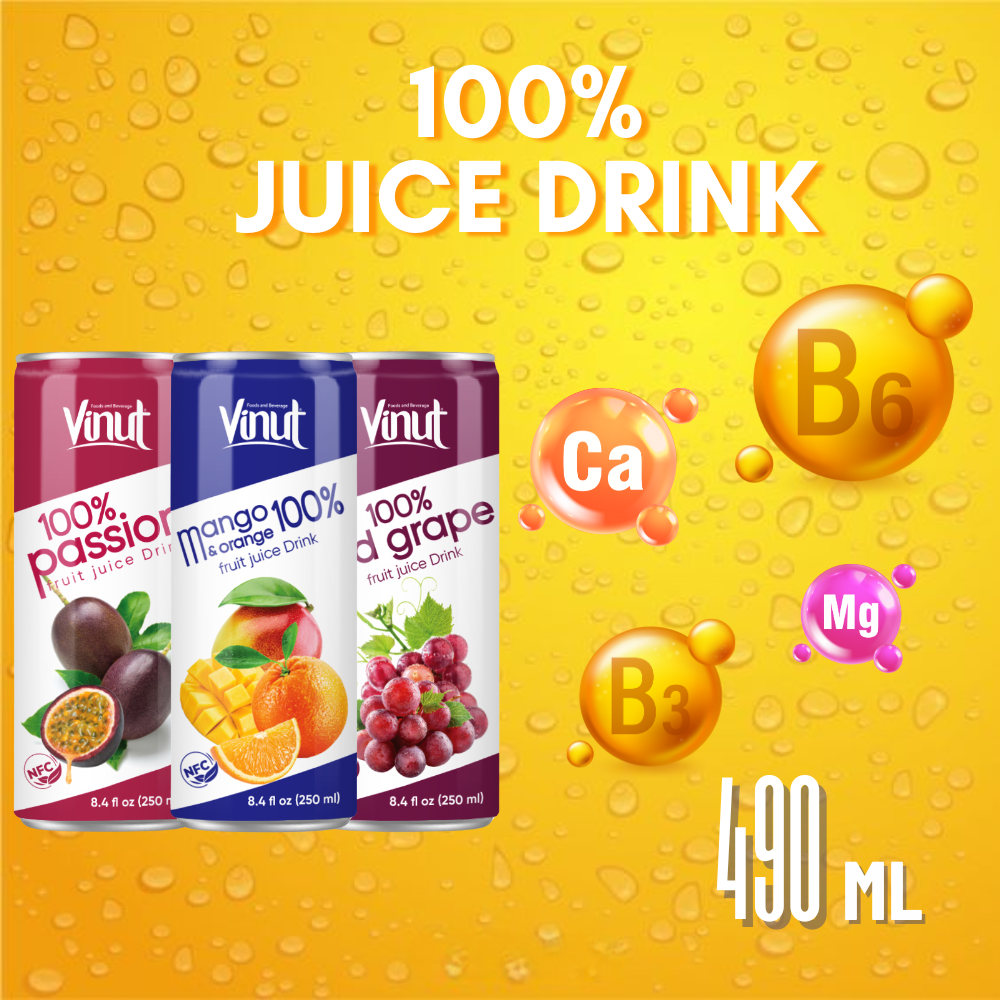 250ml Fruit Juice Drink Can 100% Water Bottle No Sugar Low Fat Free Sample Manufacture Beverage From Vietnam Private Label OEM