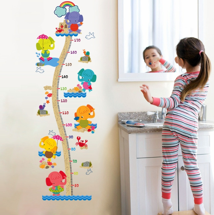 Gline ready to ship colorful elephant design removable pvc kids height wall sticker