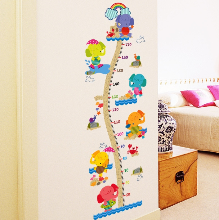 Gline ready to ship colorful elephant design removable pvc kids height wall sticker