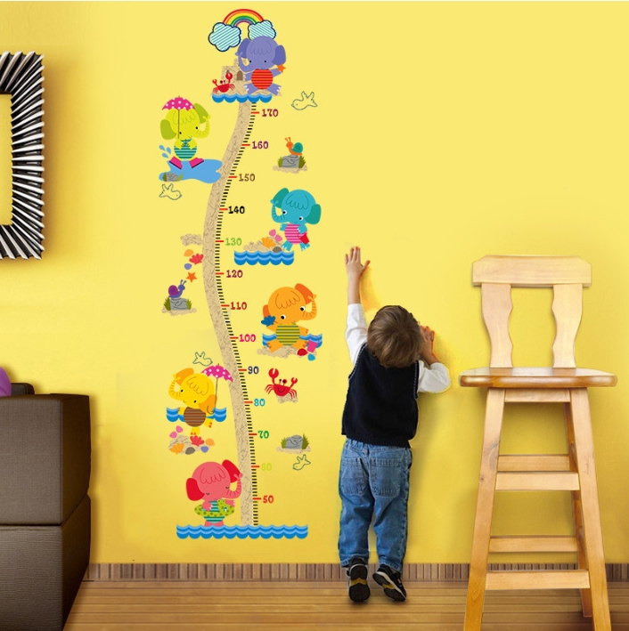 Gline ready to ship colorful elephant design removable pvc kids height wall sticker