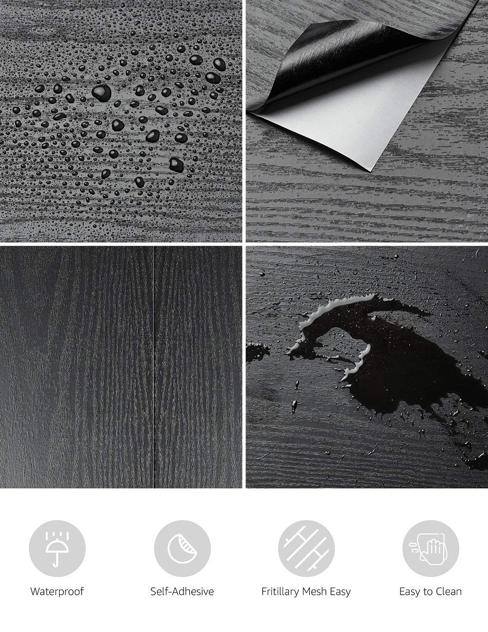 Peel and Stick Matte Black Wood Textured Wallpaper Vinyl Film self adhesive wall paper Shelf Liner Drawer Removable Countertop