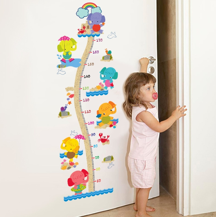 Gline ready to ship colorful elephant design removable pvc kids height wall sticker