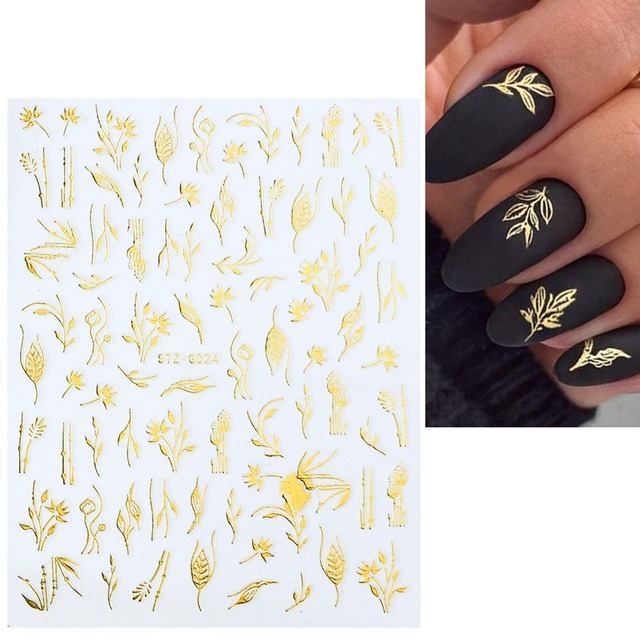 Gold flower leaf 3d epoxy sticker nails self-adhesive metallic nail decals Floral