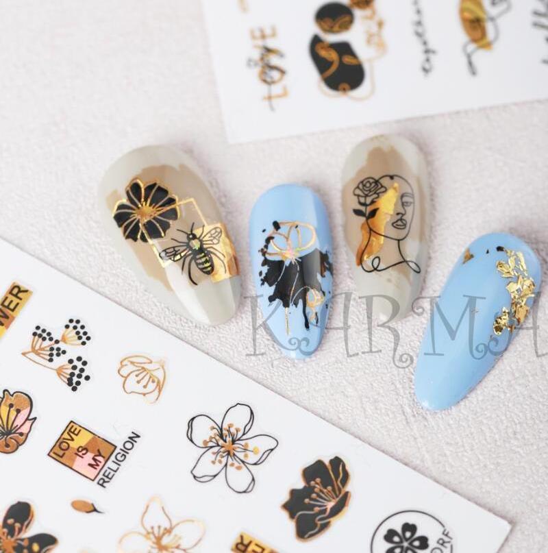 Gold flower leaf 3d epoxy sticker nails self-adhesive metallic nail decals Floral