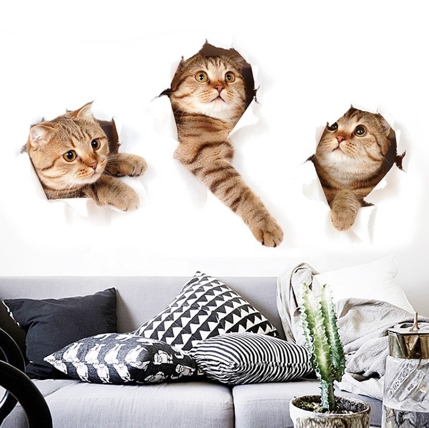 Gline ready to ship 40x60cm home bathroom toilet decoration movable adhesive 3d cat sticker