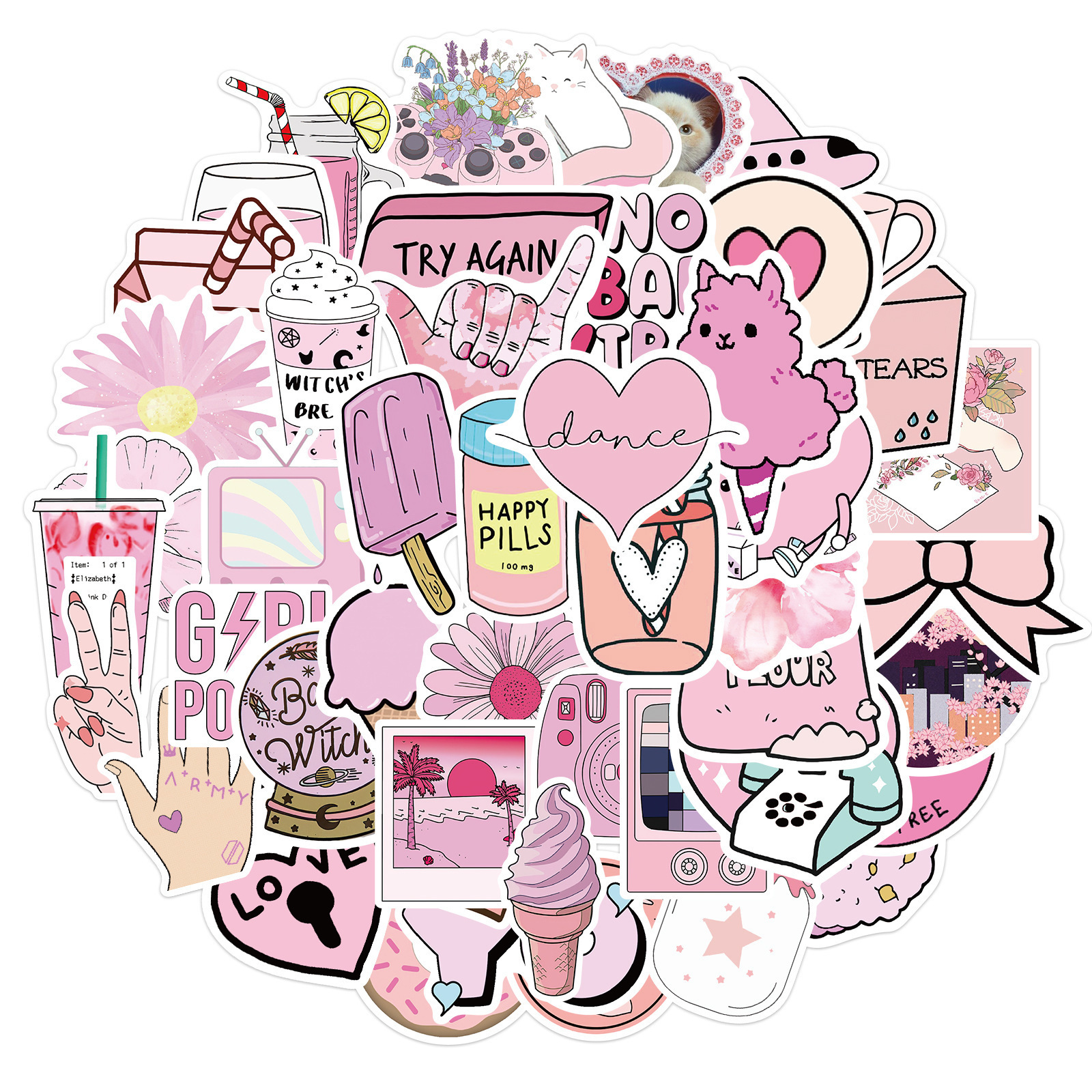 Cartoon Pink lovely 50pcs  Waterproof sticker home decoration self adhesive wall sticker