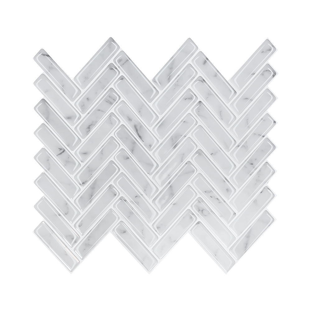 White Marble Herringbone Tile Peel and Stick Backsplash,  3D Wall Tile for Kitchen Bathroom