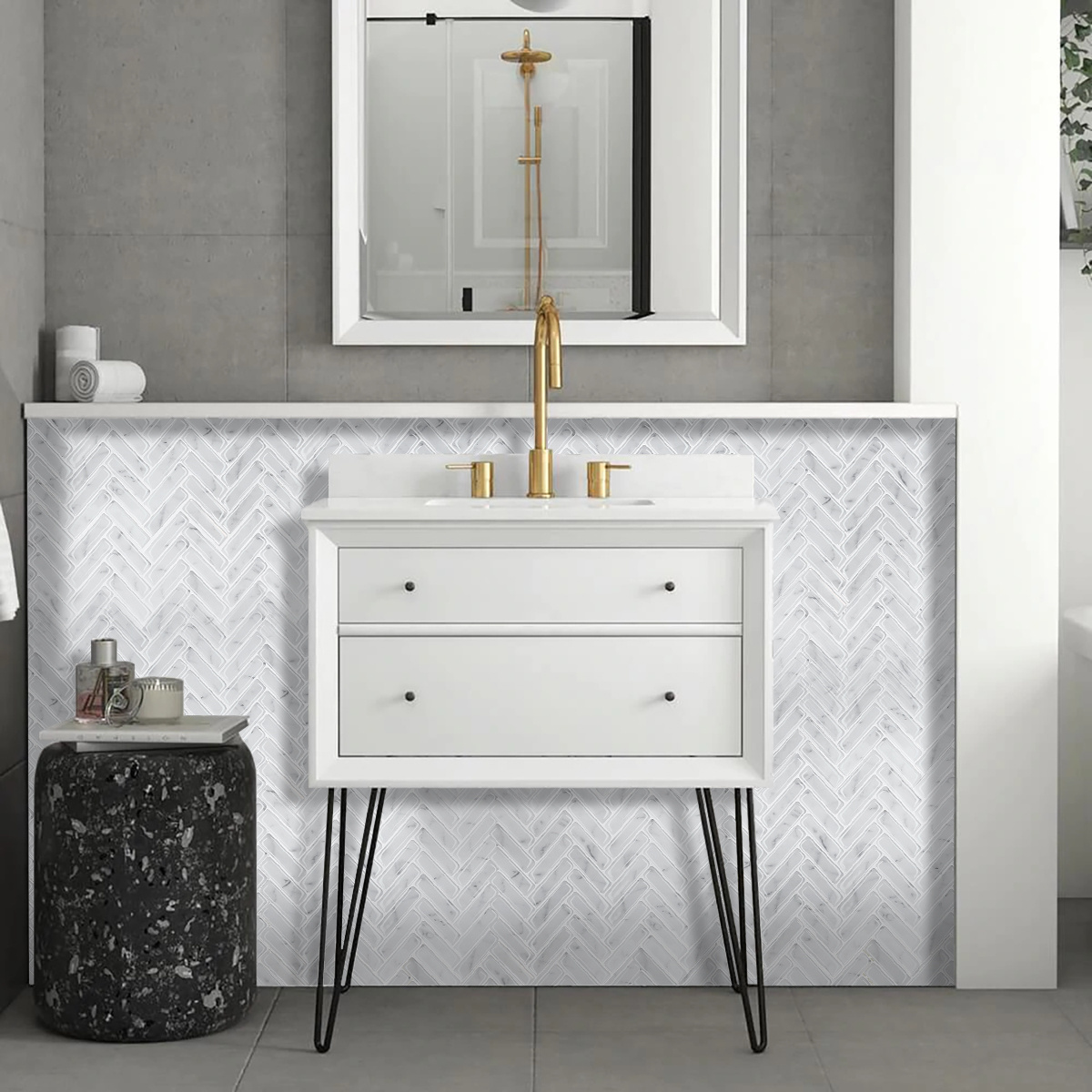 White Marble Herringbone Tile Peel and Stick Backsplash,  3D Wall Tile for Kitchen Bathroom