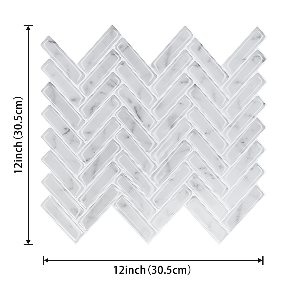 White Marble Herringbone Tile Peel and Stick Backsplash,  3D Wall Tile for Kitchen Bathroom