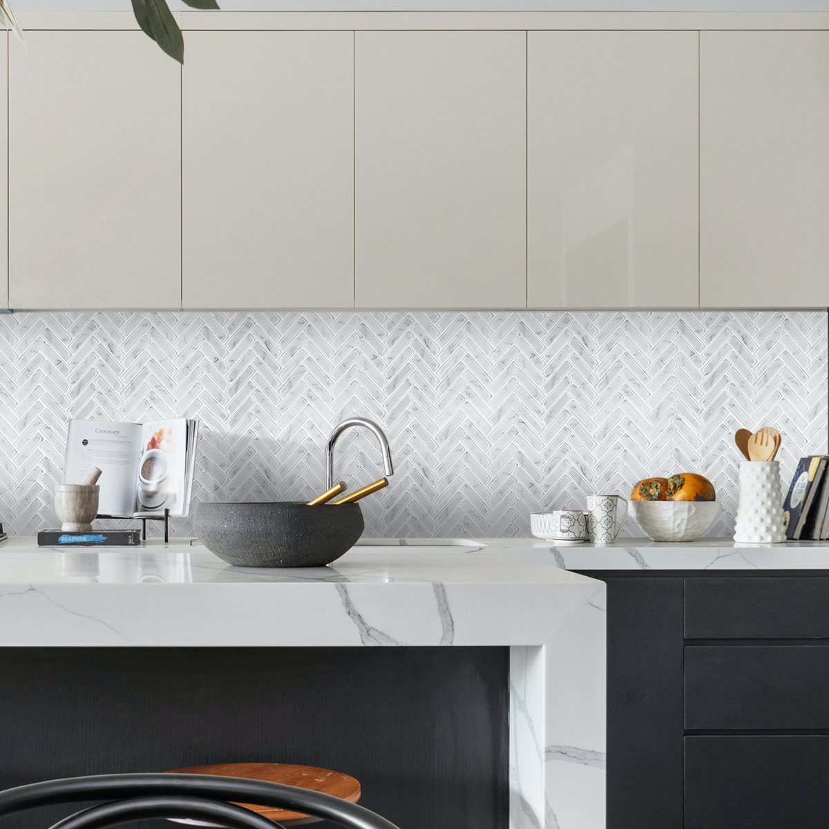 White Marble Herringbone Tile Peel and Stick Backsplash,  3D Wall Tile for Kitchen Bathroom