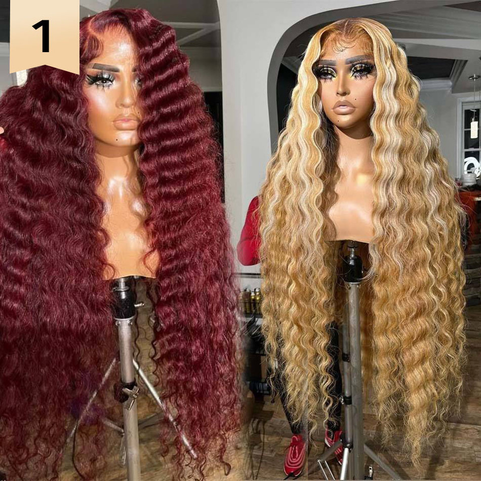 Natrual Black Blonde Highlights Wig Mix Color Deep Wave Curly Pre Plucked Hd Transparent Lace Front Raw Virgin Human Hair Wigs