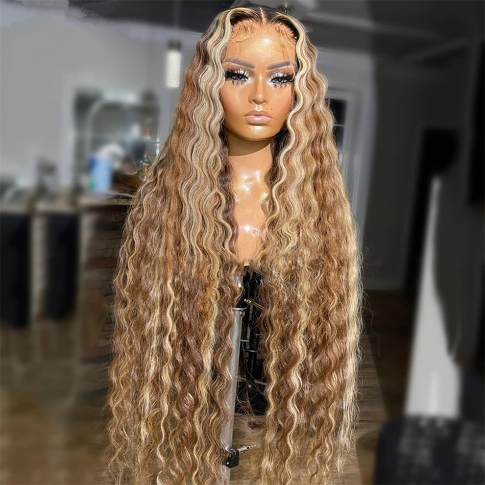 Natrual Black Blonde Highlights Wig Mix Color Deep Wave Curly Pre Plucked Hd Transparent Lace Front Raw Virgin Human Hair Wigs