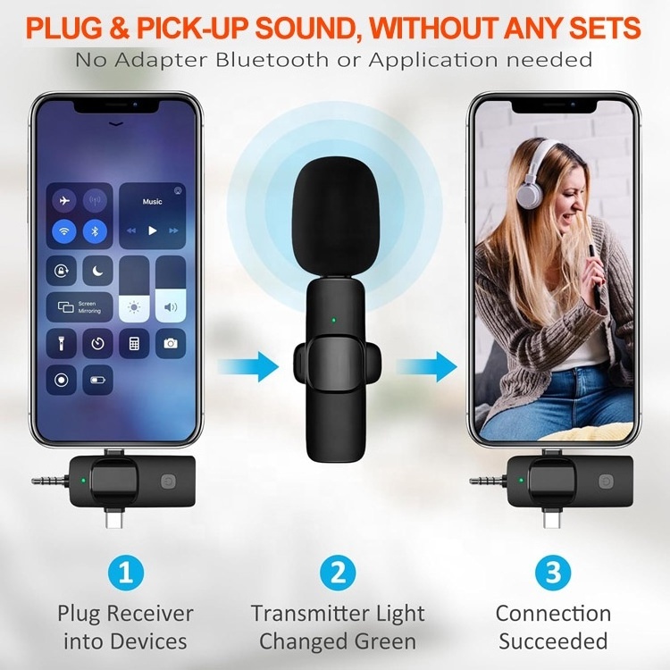 3 in 1 Mini Microphone Wireless Lavalier Microphones for iPhone, Android and Camera- 2.4G Cordless Mics with Noise Reduction