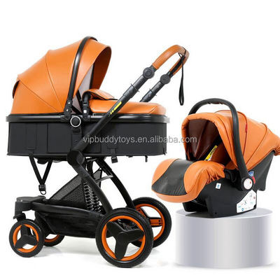 Hot Selling Personalized OEM Customized Logo Pram Alligator Aluminum Alloy Frame 3 in 1 Leather Baby Stroller with Car Seat