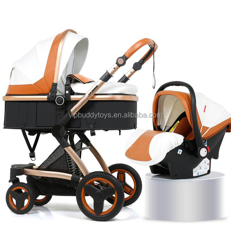 Hot Selling Personalized OEM Customized Logo Pram Alligator Aluminum Alloy Frame 3 in 1 Leather Baby Stroller with Car Seat