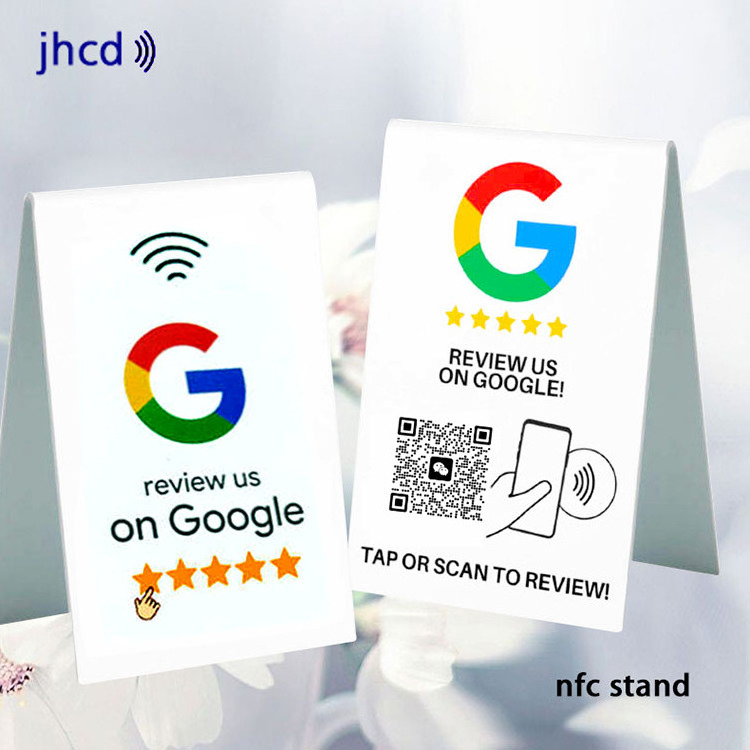 Custom qr code restaurant menu white pvc blank business google rate review card 213 nfc table display stand