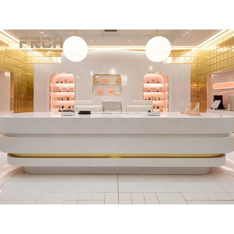 Hot Sale Customize Nordic Large High End Wood Circular Retail Reception Desk For Cosmetics