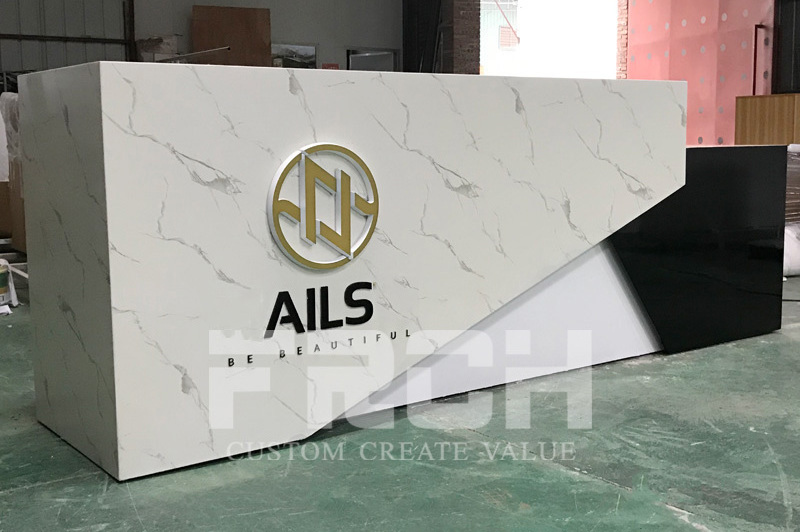 Custom Wood Led Salon Gym Shop Cash Counter Hotel Salon Spa White Modern Reception Desk