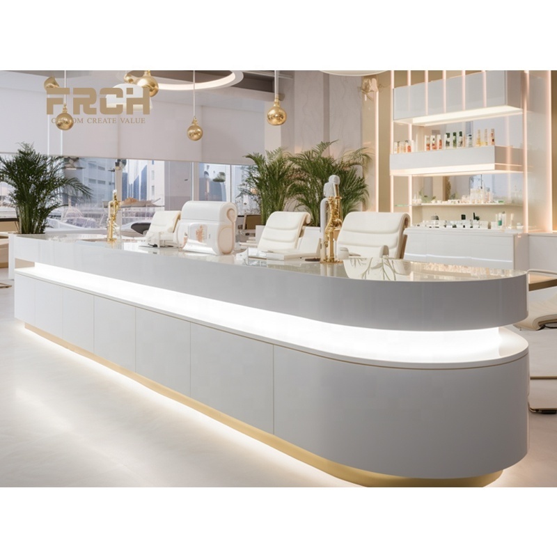 Hot Sale Customize Nordic Large High End Wood Circular Retail Reception Desk For Cosmetics