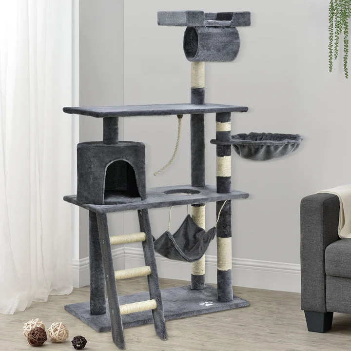 Deluxe Large Cat Tree Sisal Scratch Posts Wood Activity Playhouse platform grabbing post with Hammock Resting Climbing Frame