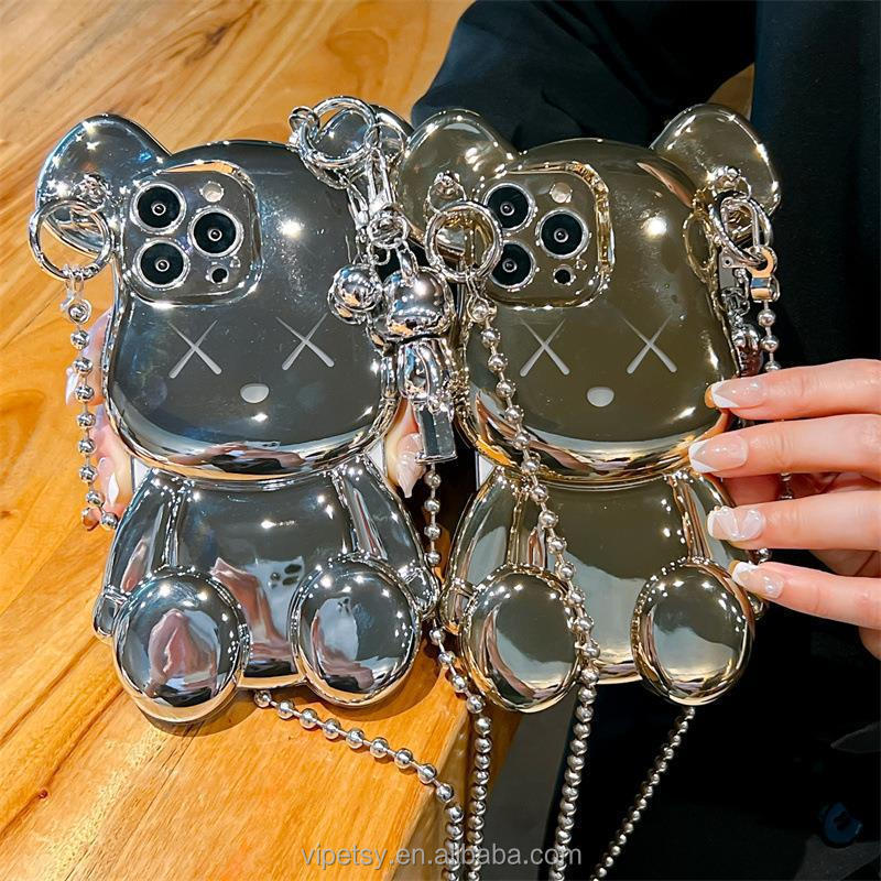 2024 New trendy cartoon three-dimensional electroplated bear anti-fall fashion mobile phone case for iPhone