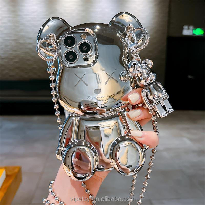 2024 New trendy cartoon three-dimensional electroplated bear anti-fall fashion mobile phone case for iPhone