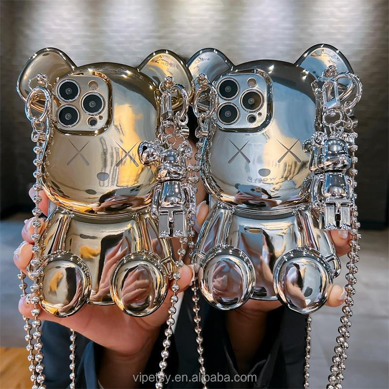 2024 New trendy cartoon three-dimensional electroplated bear anti-fall fashion mobile phone case for iPhone