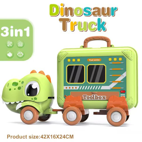 High Quality Pretend Play Portable Baby Toy 3 In 1 Inertial Cartoon Dinosaur Truck Tool Box Bench Set For Kid Gift