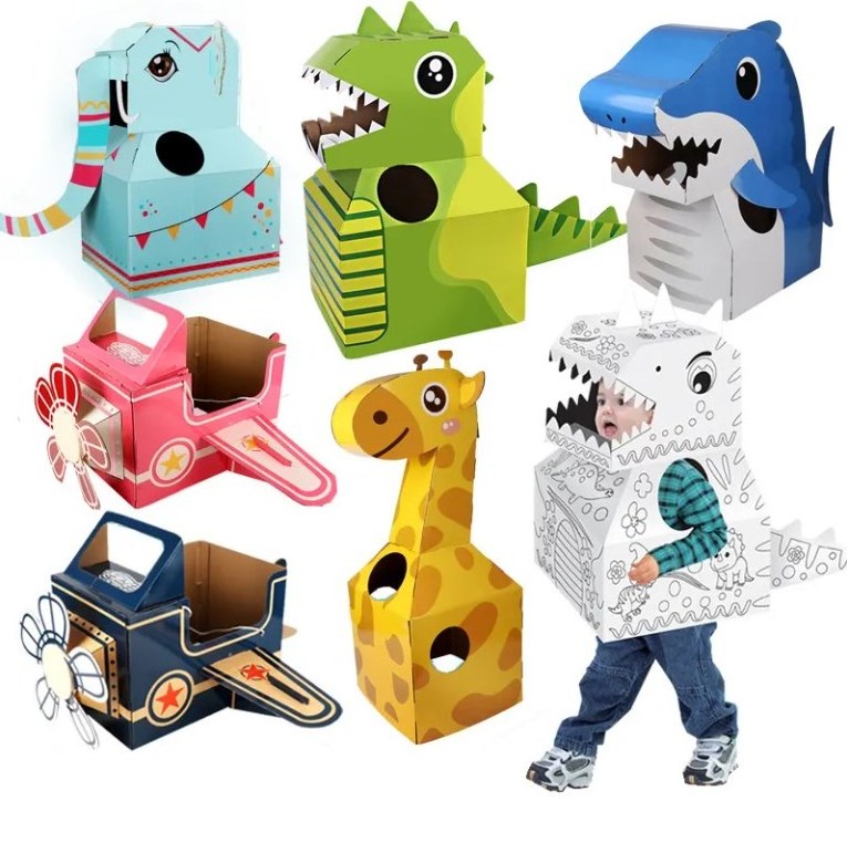 Kid DIY Wearable Paper Box Cartoon Animal Performance Painting Drawing 3D Dinosaur Cardboard Costume Wearing Toy