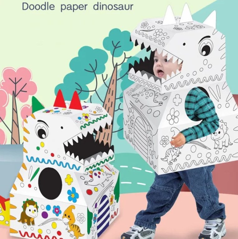 Kid DIY Wearable Paper Box Cartoon Animal Performance Painting Drawing 3D Dinosaur Cardboard Costume Wearing Toy