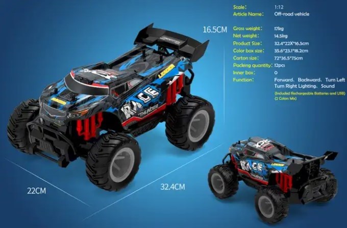 2.4Ghz Pvc 1:12 Rc Large Wheel Racing High Speed Remote Control Monster Truck Off Road Car Toy Model