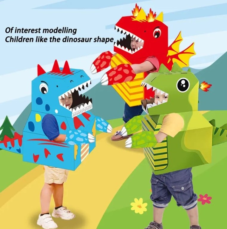 Kid DIY Wearable Paper Box Cartoon Animal Performance Painting Drawing 3D Dinosaur Cardboard Costume Wearing Toy