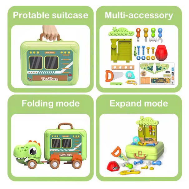 High Quality Pretend Play Portable Baby Toy 3 In 1 Inertial Cartoon Dinosaur Truck Tool Box Bench Set For Kid Gift