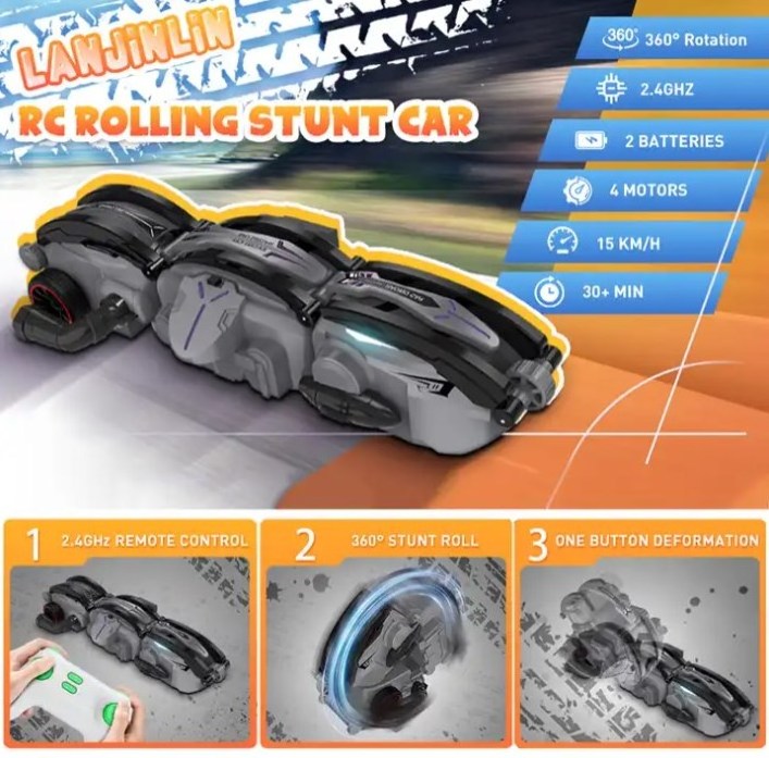 2.4G 6 Channel Remote Control Rolling Stunt Snake Vehicle 360 Roll Rotation Deformation Rc Car Toy With Light