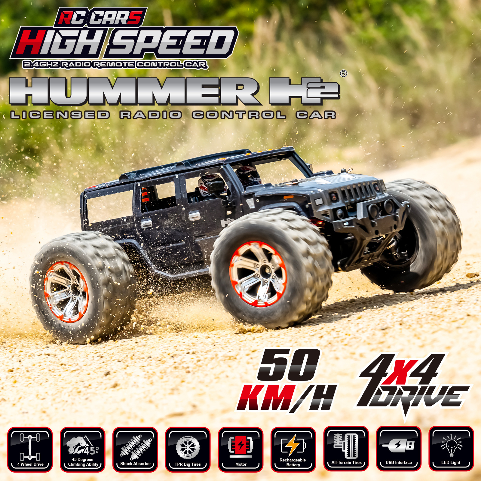 1:10 Scale 2.4G 4x4 High Speed 50Km/h Off Road Climbing Big Monster Car  550 Motor Metal Chassis Rc Hobby Truck For Adult