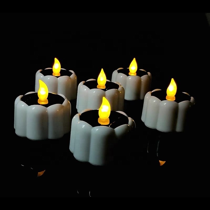 6 Pack Outdoor Solar Candles Warm White Flameless Flickering LED Pumpkin Tea Lights For Halloween Decoration Holiday Lighting