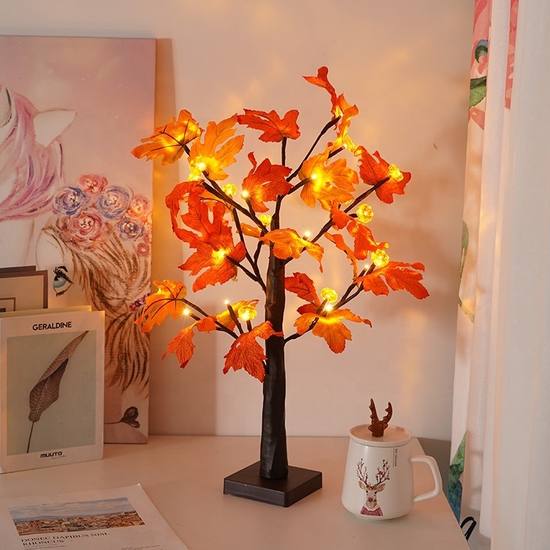 Thanksgiving Decorations LED Glowing Maple Tree Light Battery Operated Tabletop Pumpkin Tree Lamp With 24LEDS Holiday Lighting