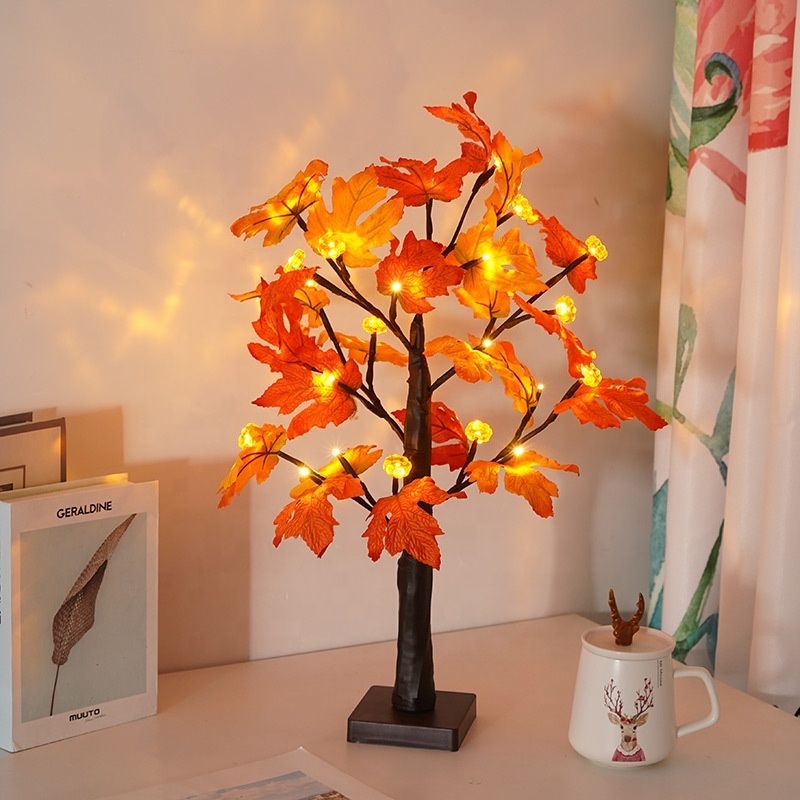 Thanksgiving Decorations LED Glowing Maple Tree Light Battery Operated Tabletop Pumpkin Tree Lamp With 24LEDS Holiday Lighting