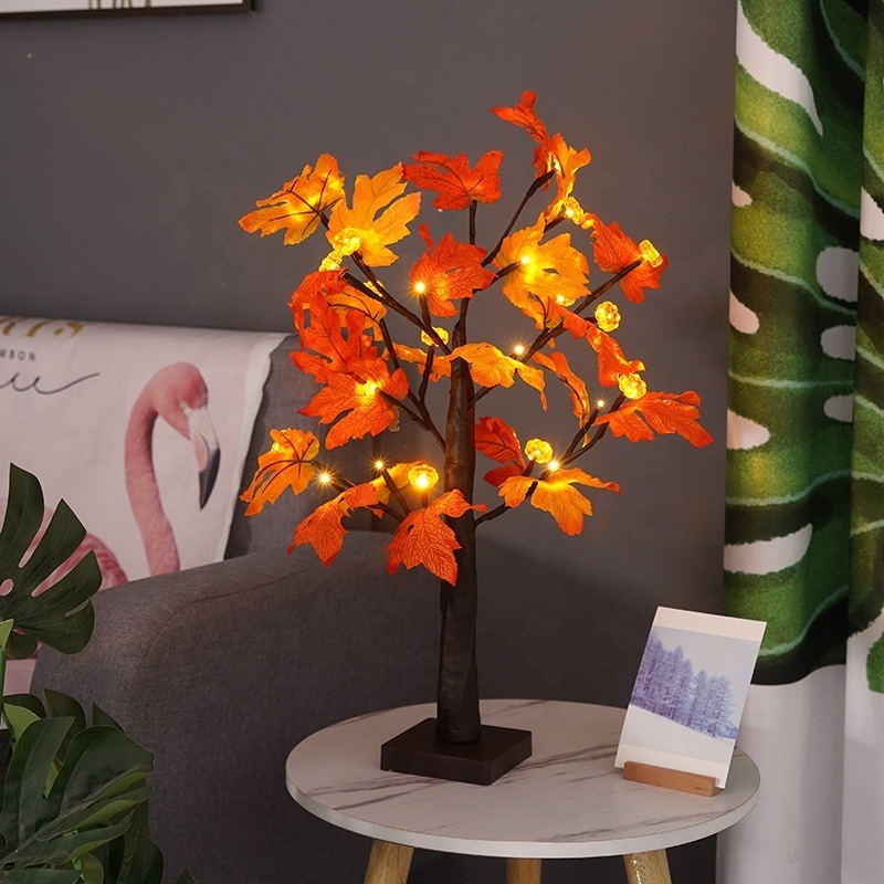 Thanksgiving Decorations LED Glowing Maple Tree Light Battery Operated Tabletop Pumpkin Tree Lamp With 24LEDS Holiday Lighting