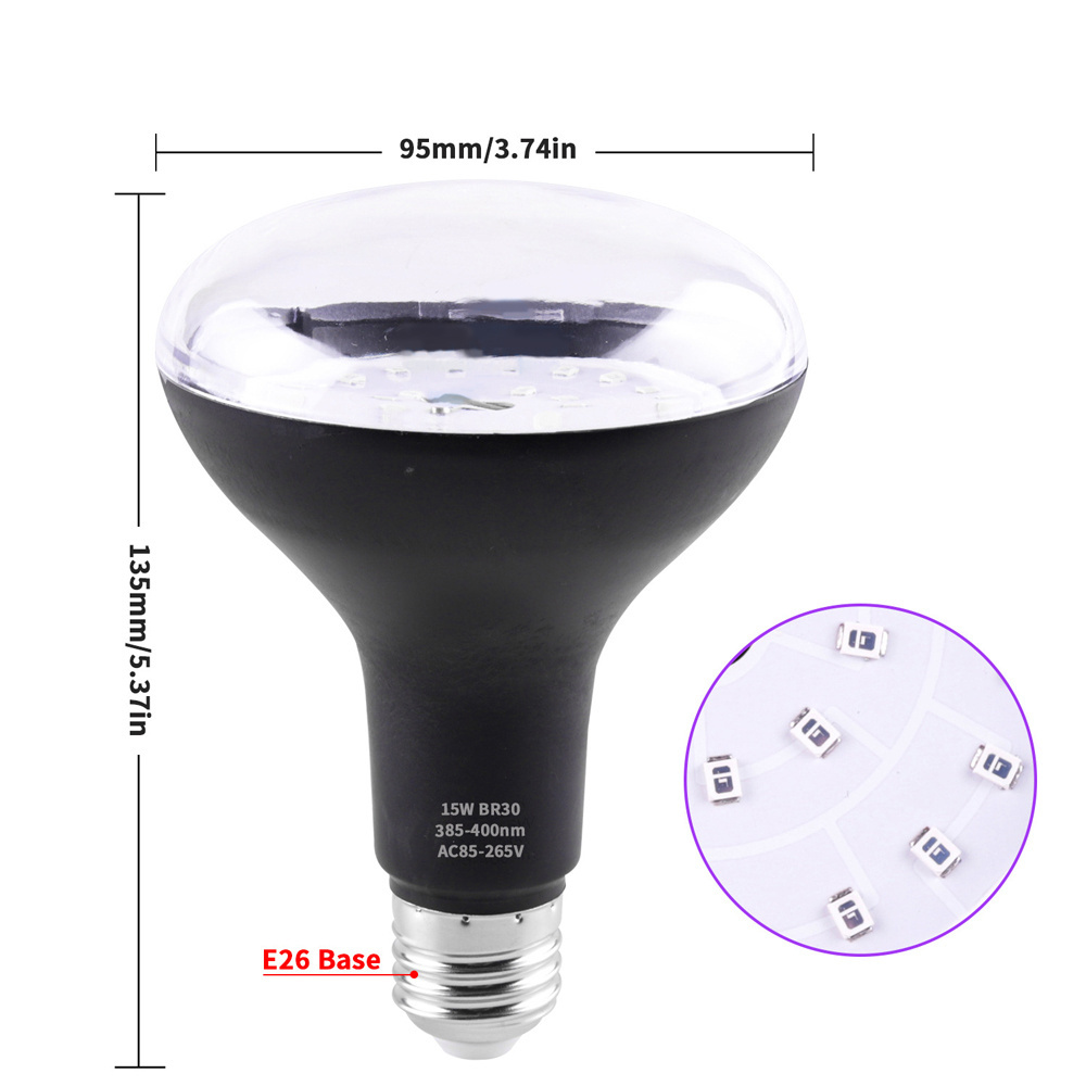 UVA LED Light Bulb 15W BR30 E26 Screw Bulb AC 85-265V 385-400nm Purple LED Bulb Lights Birthday Party Christmas Decoration