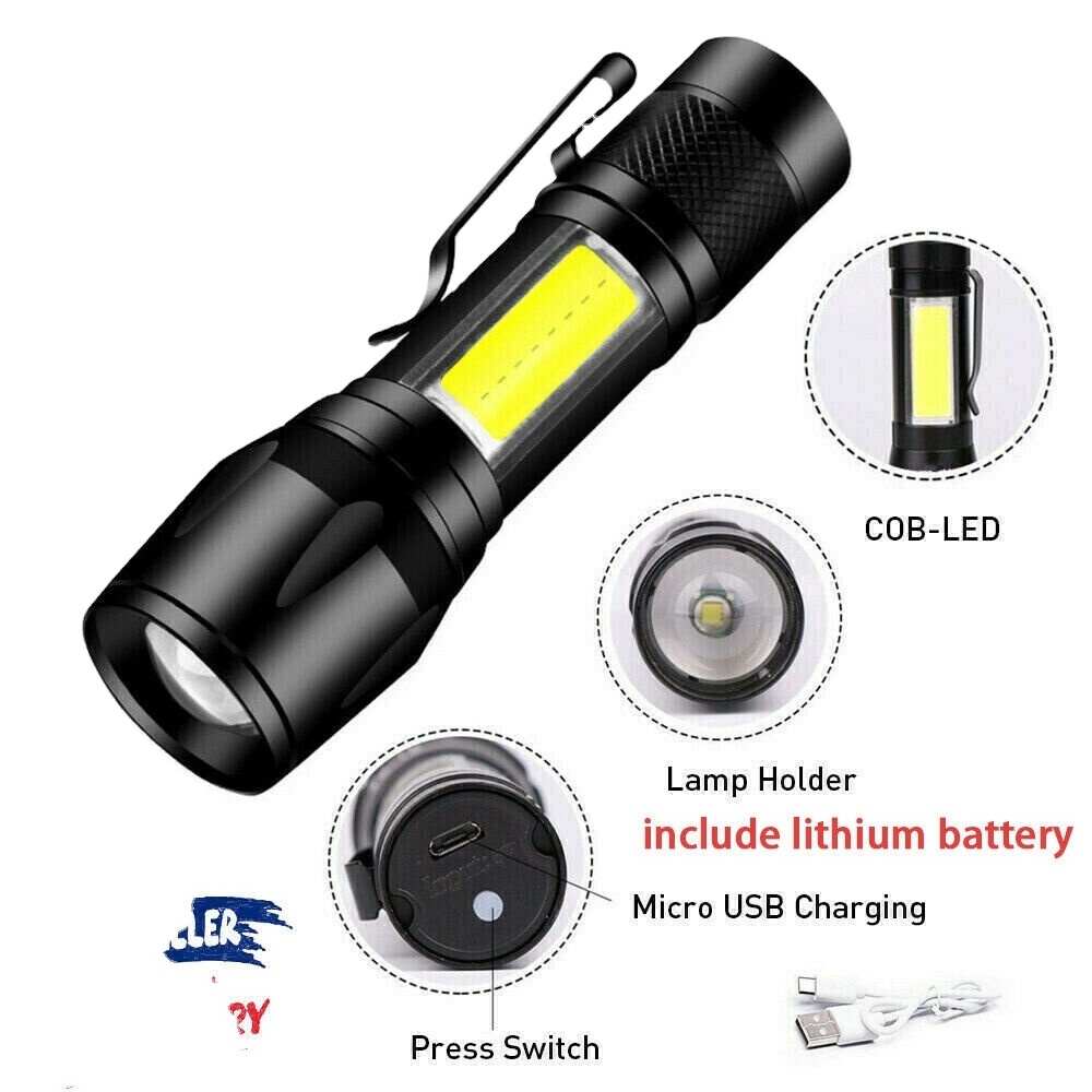 COB LED 3 Modes Mini LED  Flashlight USB Rechargeable Tactical Torch Zoom Lamp US