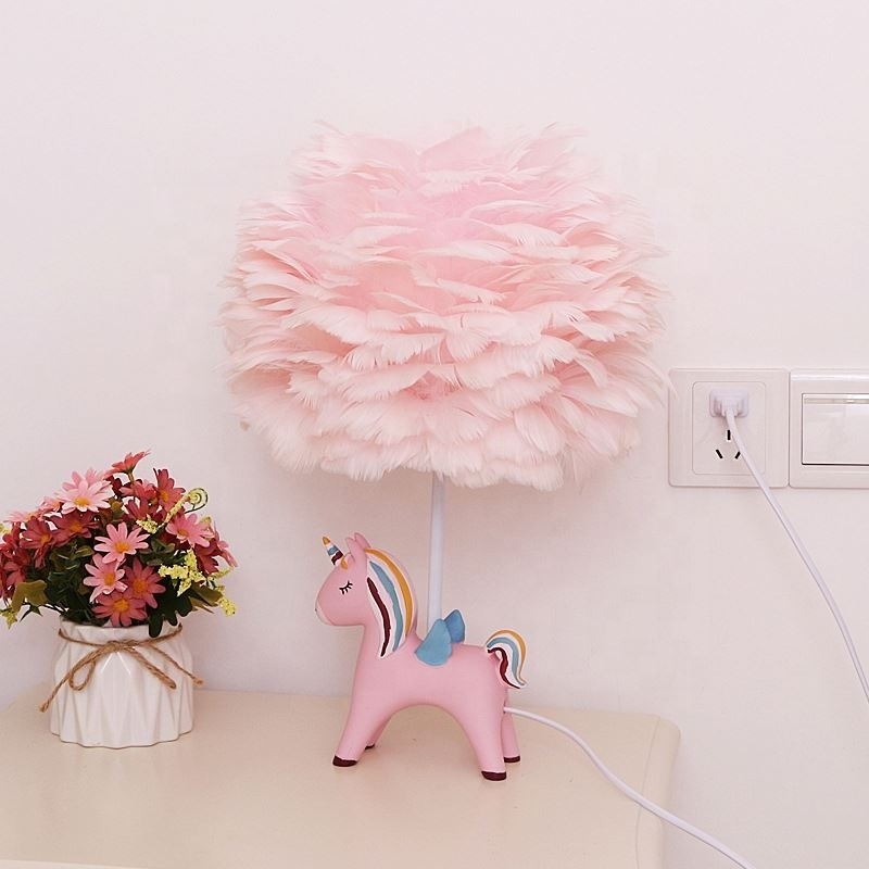 Cartoon Elephant Feather Table Lamp Creative Unicorn Warm Feather Lampshade Wedding Home Bedroom Decor