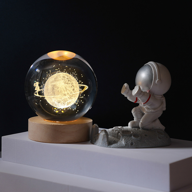 3D Art Crystal Ball Night Lamp Solar System Moon Saturn Luminous Crystal Ball With Wood Base Night Light Desktop Home Decoration