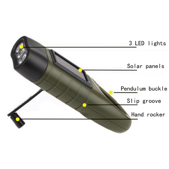 3 LED Lamp Solar Power Flashlight Wind Up Hand Crank Emergence For Camping Torch