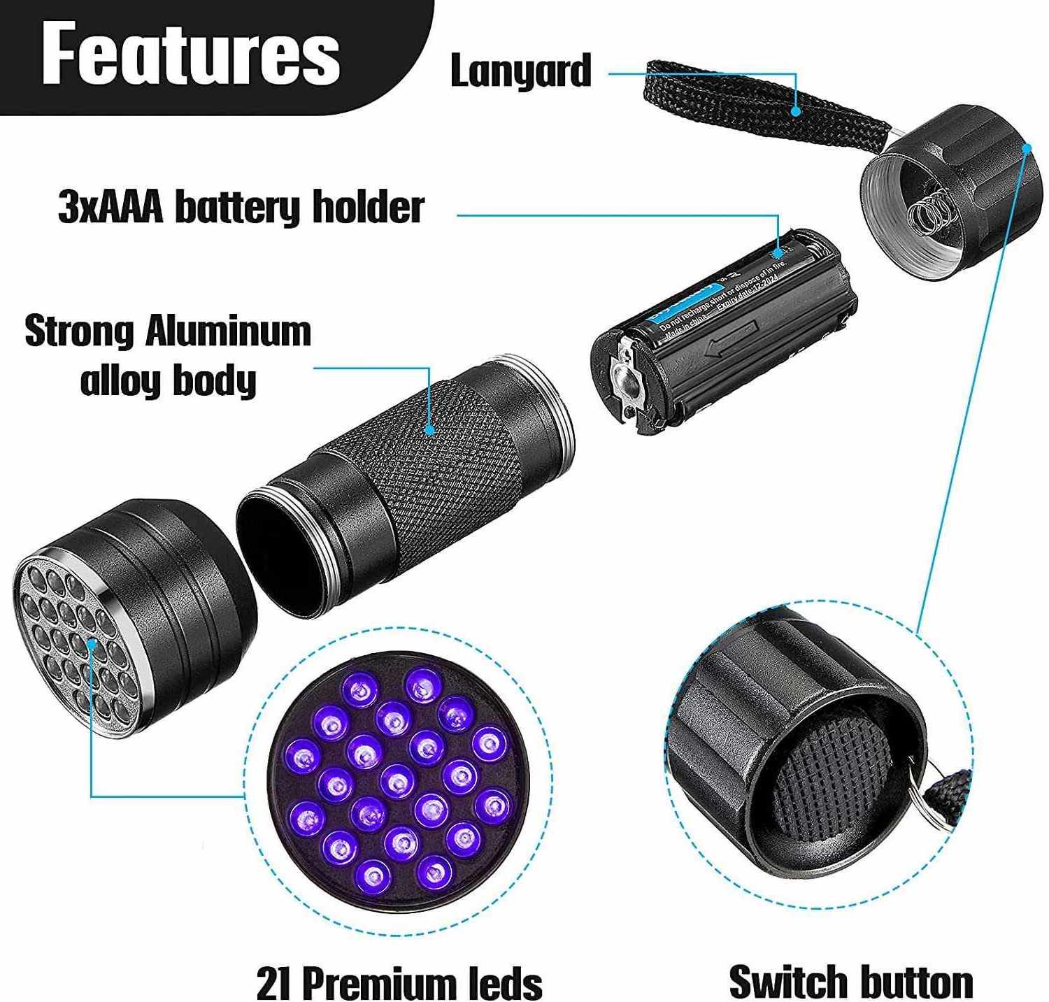 Aluminum Ultraviolet 21 LED UV Flash Torch Light 395nm LED Blacklight Flashlight Black Light